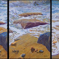 Wave Action – Triptych Oil Painting – Waves and Rocks on Beach – West Sussex Artist Tom Gillings – Sussex Artists Gallery