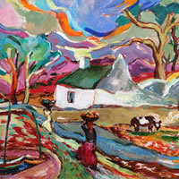 African Village Scene - Oil Painting by Surrey Artist and Art Tutor Hildegarde Reid