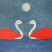 Swans – Encounter – Claudine Péronne – Sussex Artists Gallery – Drawings in Pastel and Watercolour Pencil, Art on Shells