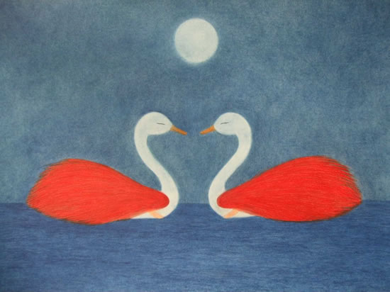 Swans - Encounter - Claudine Péronne - Sussex Artists Gallery - Drawings in Pastel and Watercolour Pencil, Art on Shells