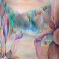 In Between Iris and Bee Oil  Painting – Claire Harrison Sussex Art Gallery