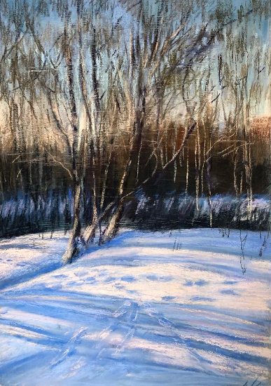Snow Scene Winter Sunset Pastel Painting - Bromley Art Society member Artist Nellie Katchinska