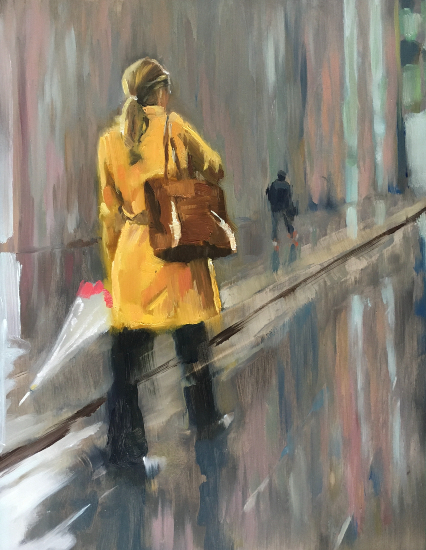 Woman walking in the rain - London - Example Art Group member Artist Sheri Gee