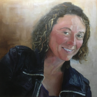 Portrait of Lady in Black Leather Jacket – Oil Painting by Worthing West Sussex Portraiture Artist Hazel Crawford