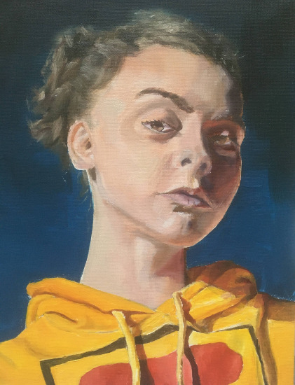 Portrait of Lady in Yellow Hoodie - Oil Painting by Worthing West Sussex Artist Hazel Crawford