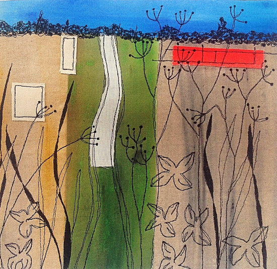 Fields - Stitch and Acrylic Paint Abstract Landscape - Sussex Textile Artist Renate Wilbraham