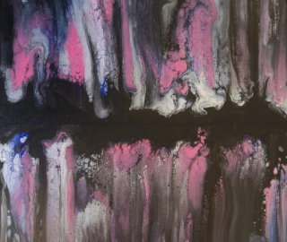 Black, White, Pink, and Silver Metallic Acrylic Pour - Painting by South Coast Artist Tanya West