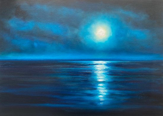 Moon over Calm Sea - Oil Abstract Art by Hastings East Sussex Artist Julia Everett