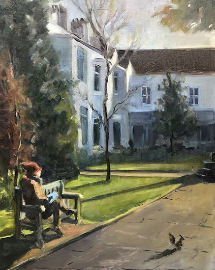 Sitting on Bench in The Sun - Landscape painting by Bromley Art Society and Sussex Artists member Nellie Katchinska