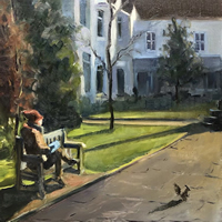 Sitting on Bench in The Sun – Landscape Painting by Bromley Art Society and Sussex Artists member Nellie Katchinska