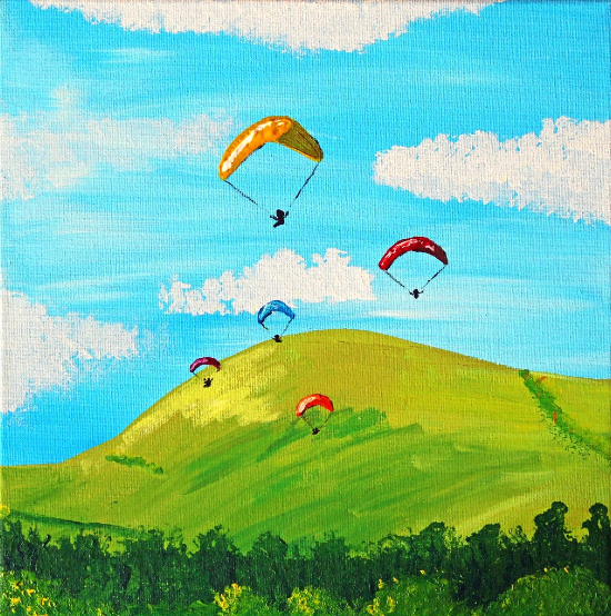 Original Art - Mount Caburn Paragliders - Lewes East Sussex Acrylic Artist Emily Geering