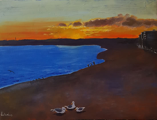 Art - Seaford Sunset Oil Painting by Peacehaven East Sussex Artist Lorrayne A Chambers